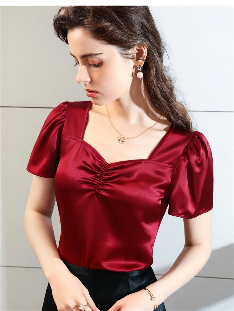 Plus Size Summer Square Neck Vintage Puff Sleeve Acetate Satin Shirt Khaki White Elegant British Style Wild Ice Silk Top Blouse