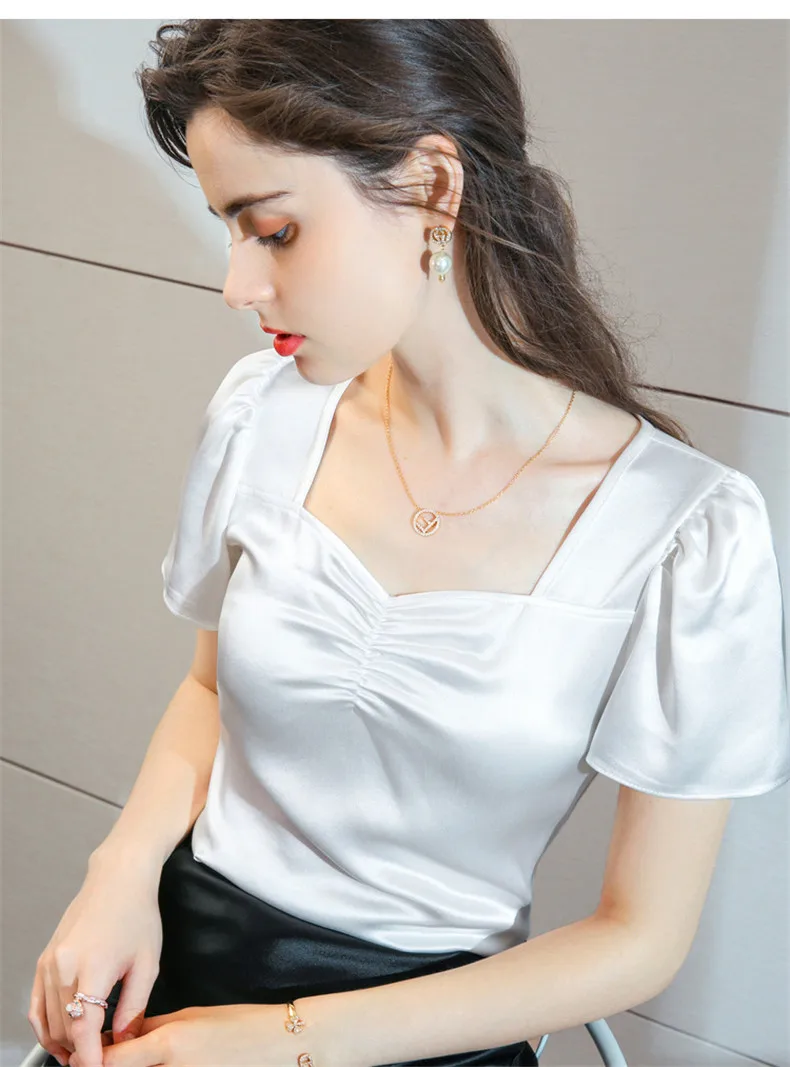 Plus Size Summer Square Neck Vintage Puff Sleeve Acetate Satin Shirt Khaki White Elegant British Style Wild Ice Silk Top Blouse