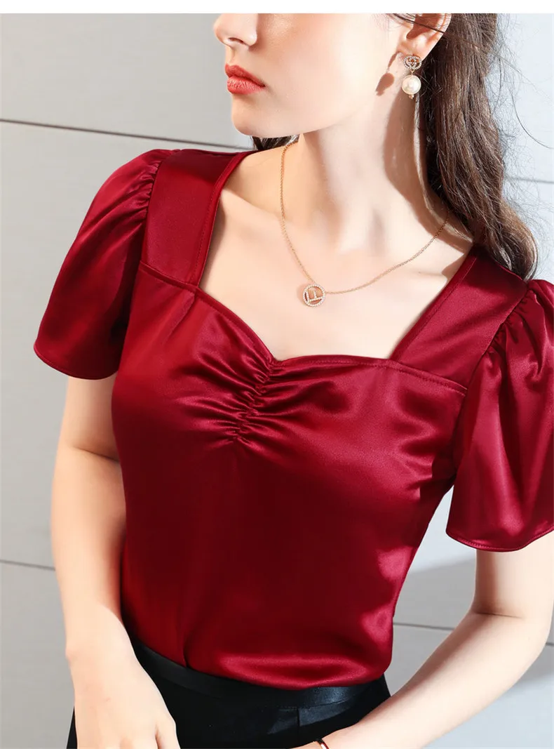 Plus Size Summer Square Neck Vintage Puff Sleeve Acetate Satin Shirt Khaki White Elegant British Style Wild Ice Silk Top Blouse