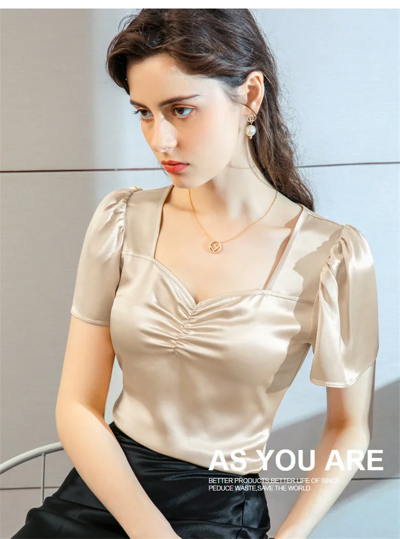 Plus Size Summer Square Neck Vintage Puff Sleeve Acetate Satin Shirt Khaki White Elegant British Style Wild Ice Silk Top Blouse