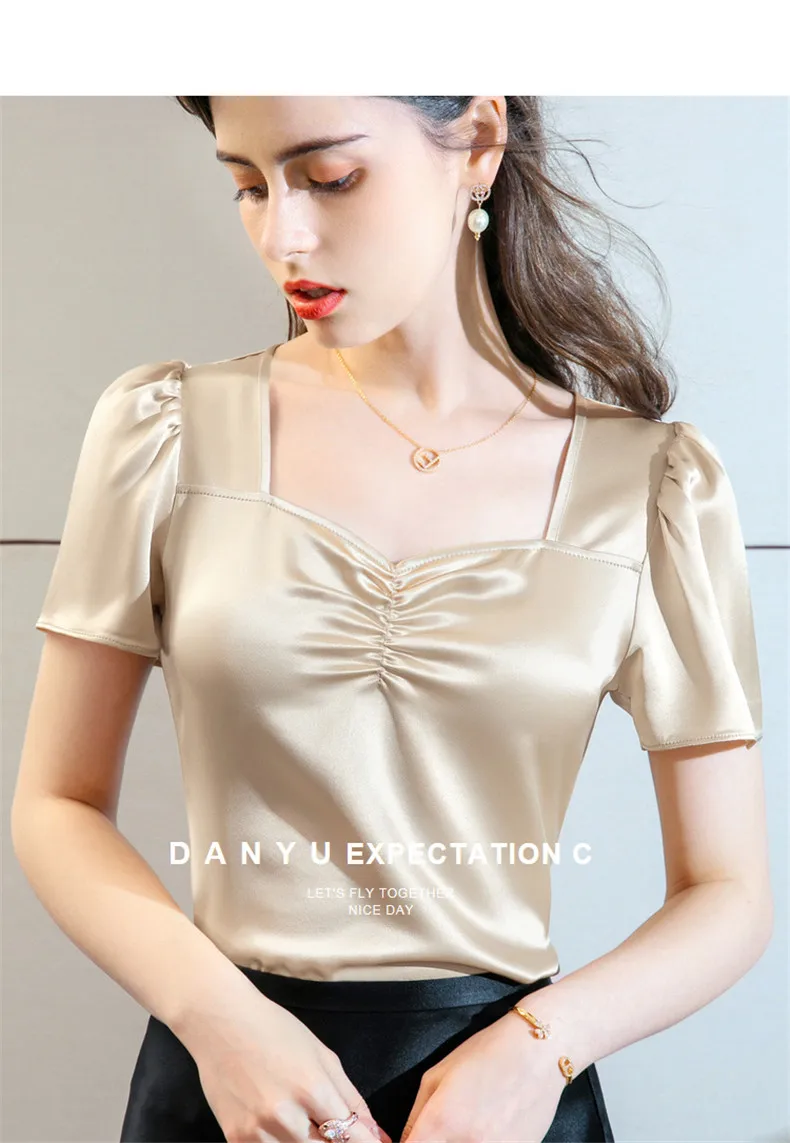 Plus Size Summer Square Neck Vintage Puff Sleeve Acetate Satin Shirt Khaki White Elegant British Style Wild Ice Silk Top Blouse
