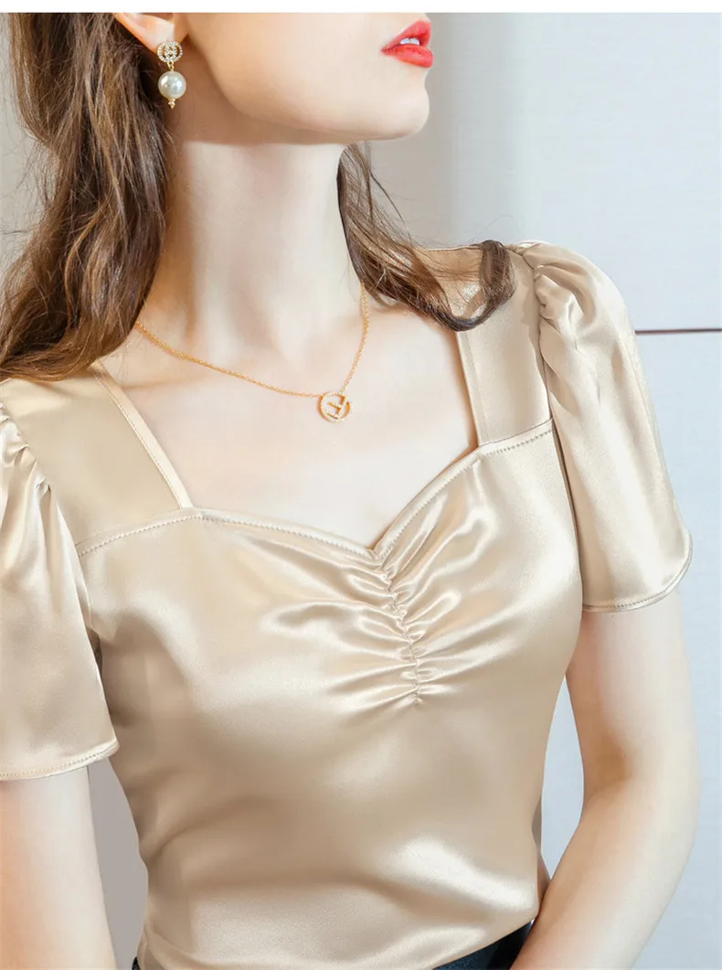 Plus Size Summer Square Neck Vintage Puff Sleeve Acetate Satin Shirt Khaki White Elegant British Style Wild Ice Silk Top Blouse