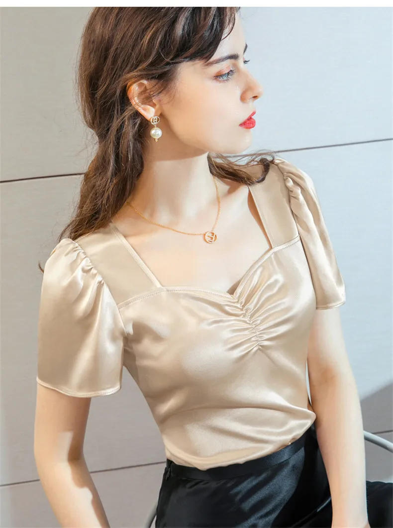 Plus Size Summer Square Neck Vintage Puff Sleeve Acetate Satin Shirt Khaki White Elegant British Style Wild Ice Silk Top Blouse