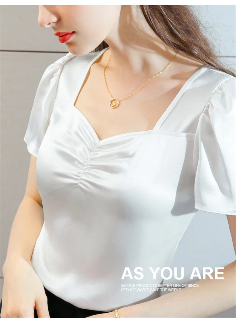 Plus Size Summer Square Neck Vintage Puff Sleeve Acetate Satin Shirt Khaki White Elegant British Style Wild Ice Silk Top Blouse