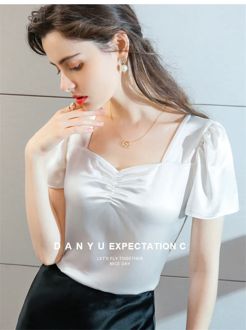 Plus Size Summer Square Neck Vintage Puff Sleeve Acetate Satin Shirt Khaki White Elegant British Style Wild Ice Silk Top Blouse