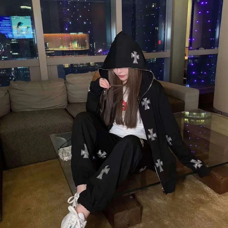 Rhinestone Full Zip Hoodie Goth Sweatshirt Pull Long Sleeve Black Hoodies Y2k Fashion Men's Women's Sport Jackets Coats New 2023