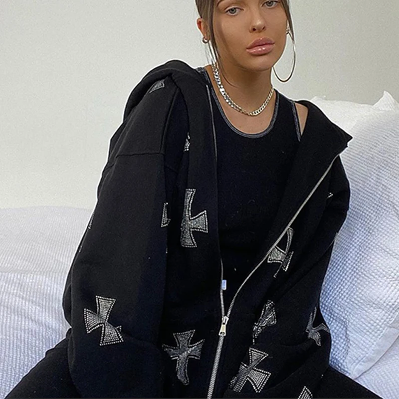 Rhinestone Full Zip Hoodie Goth Sweatshirt Pull Long Sleeve Black Hoodies Y2k Fashion Men's Women's Sport Jackets Coats New 2023