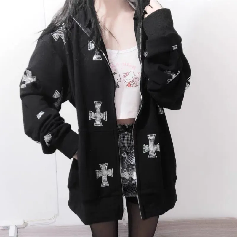 Rhinestone Full Zip Hoodie Goth Sweatshirt Pull Long Sleeve Black Hoodies Y2k Fashion Men's Women's Sport Jackets Coats New 2023