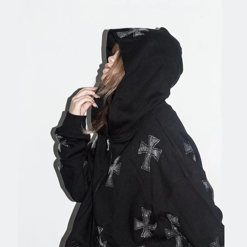 Rhinestone Full Zip Hoodie Goth Sweatshirt Pull Long Sleeve Black Hoodies Y2k Fashion Men's Women's Sport Jackets Coats New 2023
