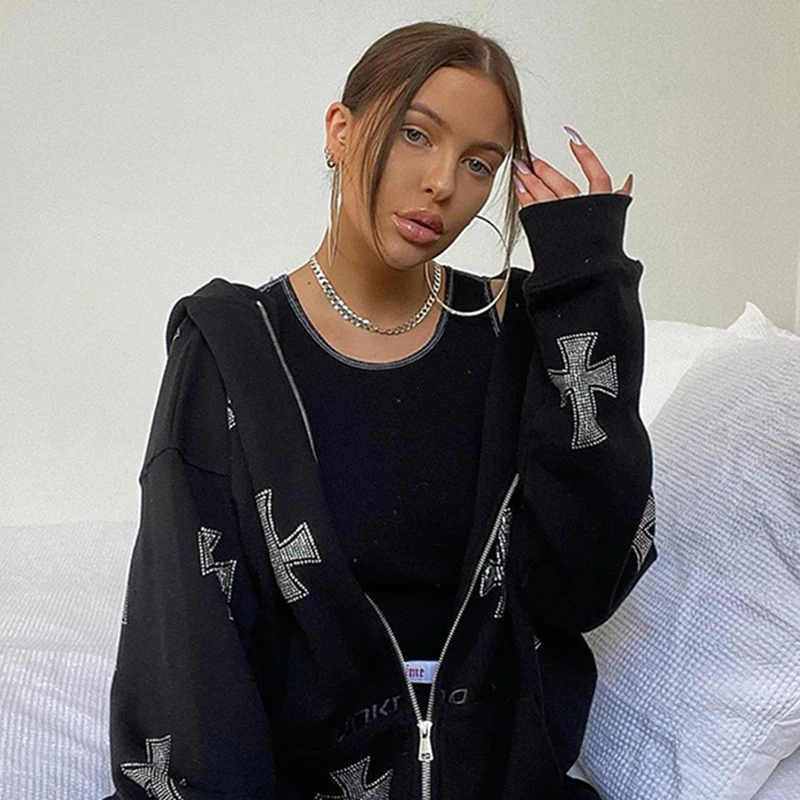 Rhinestone Full Zip Hoodie Goth Sweatshirt Pull Long Sleeve Black Hoodies Y2k Fashion Men's Women's Sport Jackets Coats New 2023
