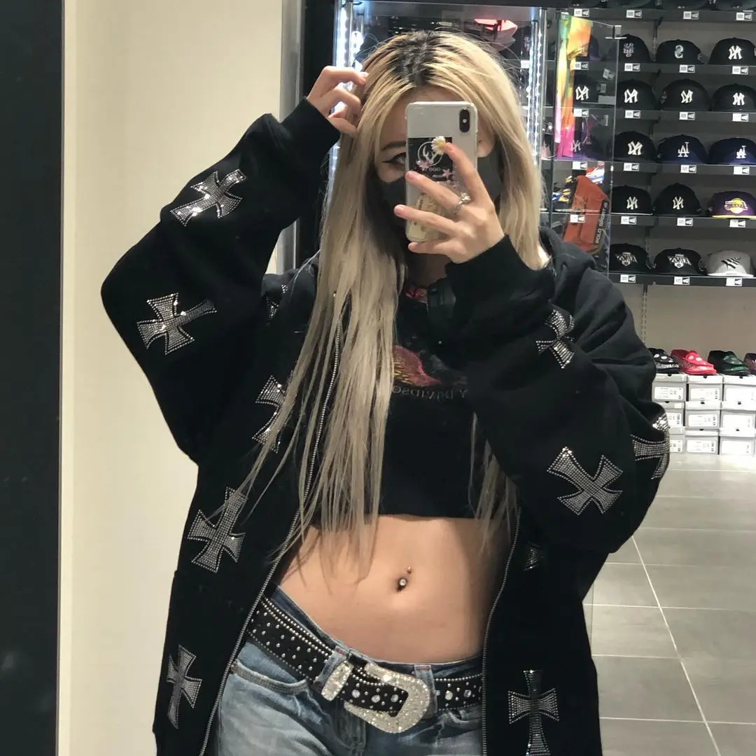 Rhinestone Full Zip Hoodie Goth Sweatshirt Pull Long Sleeve Black Hoodies Y2k Fashion Men's Women's Sport Jackets Coats New 2023