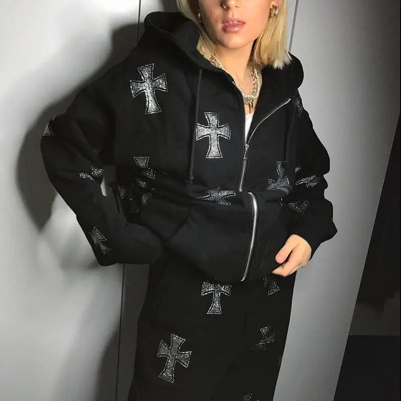 Rhinestone Full Zip Hoodie Goth Sweatshirt Pull Long Sleeve Black Hoodies Y2k Fashion Men's Women's Sport Jackets Coats New 2023