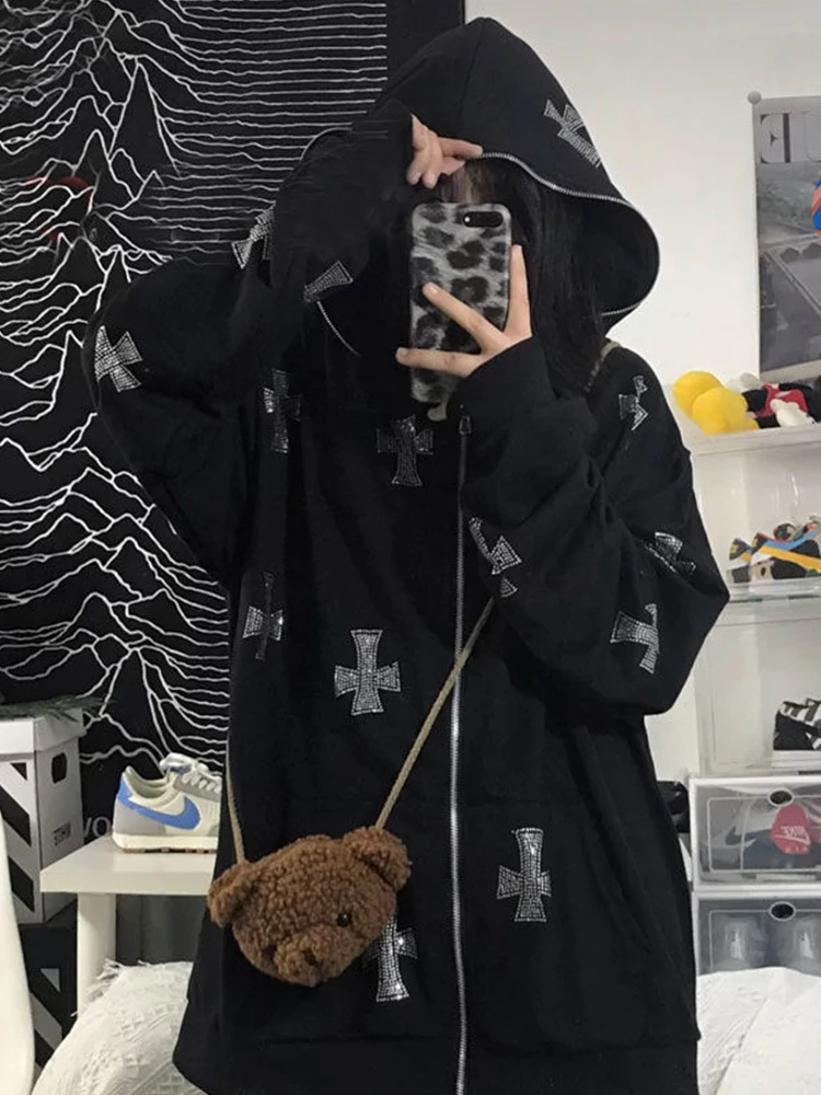 Rhinestone Full Zip Hoodie Goth Sweatshirt Pull Long Sleeve Black Hoodies Y2k Fashion Men's Women's Sport Jackets Coats New 2023