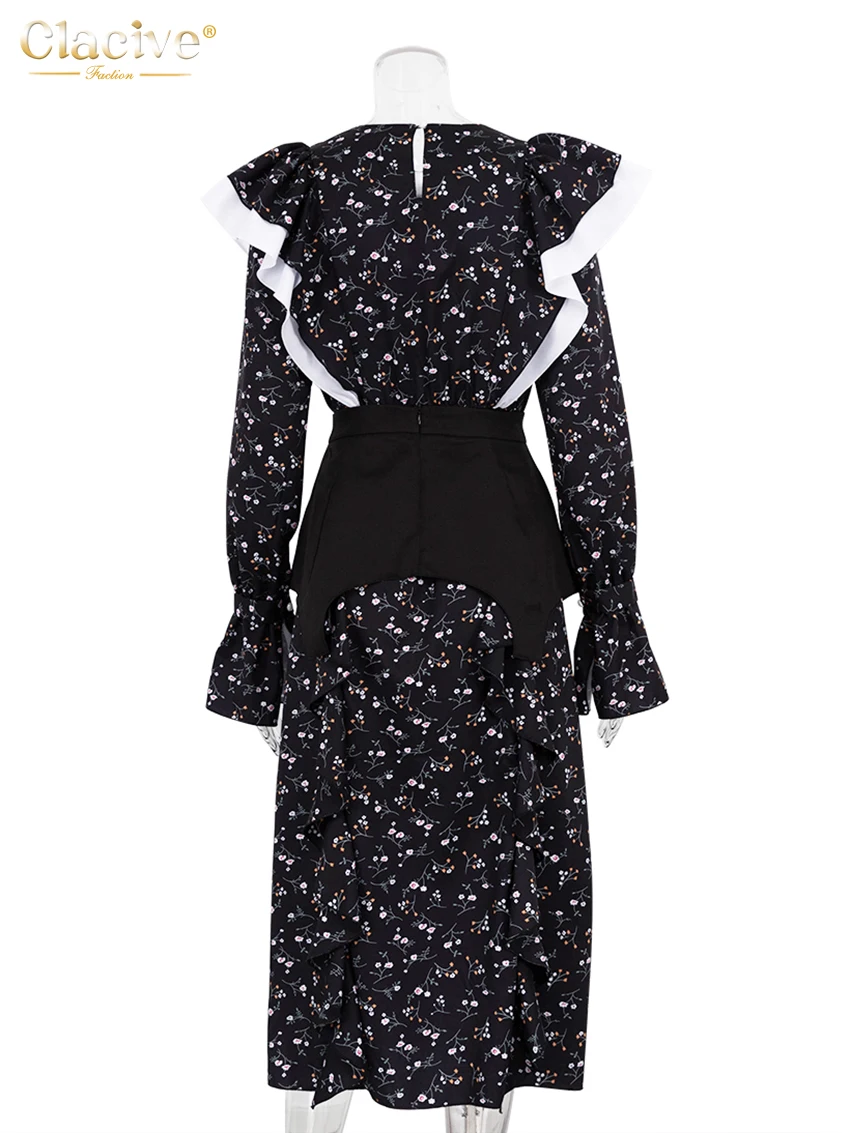 Clacive Elegant Loose Slim Womens Dress 2023 Casual O-Neck Long Sleeve Office Midi Dresses Fashion Ruffle Patchwork Female Dress