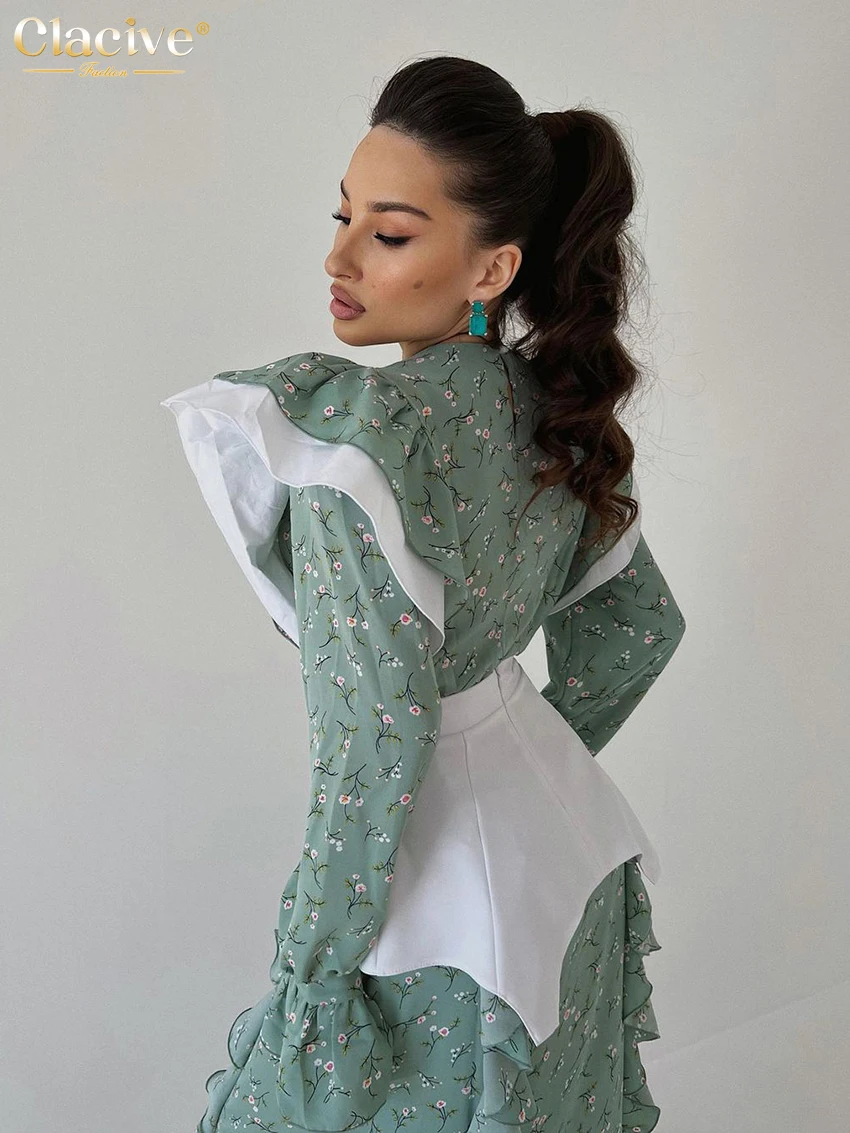 Clacive Elegant Loose Slim Womens Dress 2023 Casual O-Neck Long Sleeve Office Midi Dresses Fashion Ruffle Patchwork Female Dress