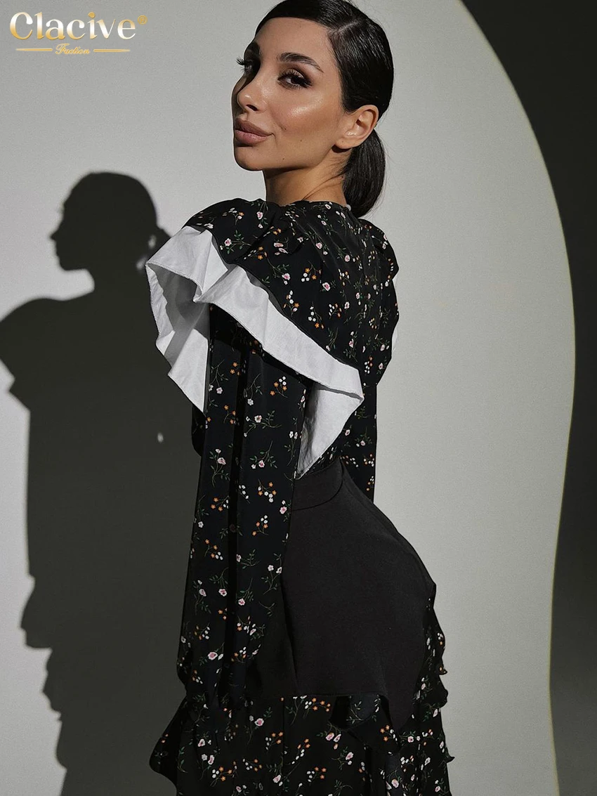 Clacive Elegant Loose Slim Womens Dress 2023 Casual O-Neck Long Sleeve Office Midi Dresses Fashion Ruffle Patchwork Female Dress