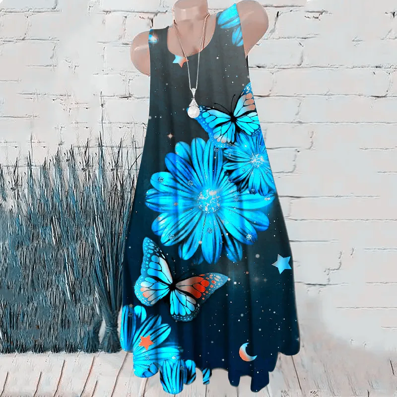 New Summer Sleeveless Women Red A-Line Dresses Floral Pattern 3D Print Fashion Dress Beach Casual Loose Ladies Short Dress