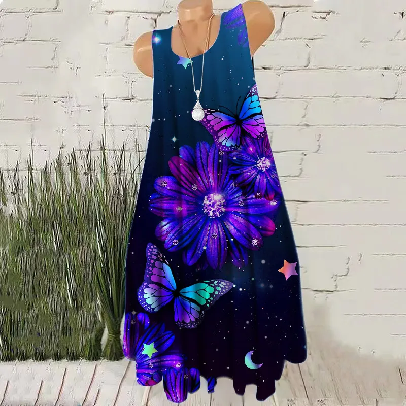 New Summer Sleeveless Women Red A-Line Dresses Floral Pattern 3D Print Fashion Dress Beach Casual Loose Ladies Short Dress