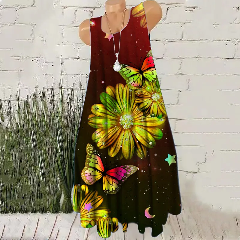 New Summer Sleeveless Women Red A-Line Dresses Floral Pattern 3D Print Fashion Dress Beach Casual Loose Ladies Short Dress