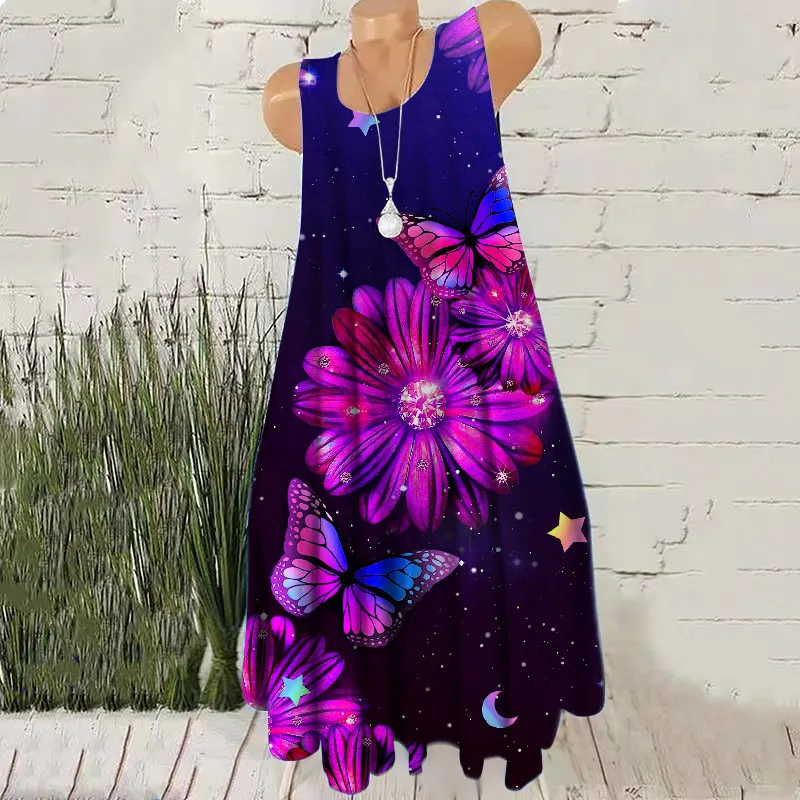 New Summer Sleeveless Women Red A-Line Dresses Floral Pattern 3D Print Fashion Dress Beach Casual Loose Ladies Short Dress