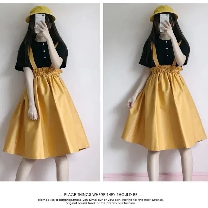 2026 New Spring Autumn Women Skirt Casual Sweet A-line Long Skirts Solid Simplicity Strap Skirt Female Japan Style