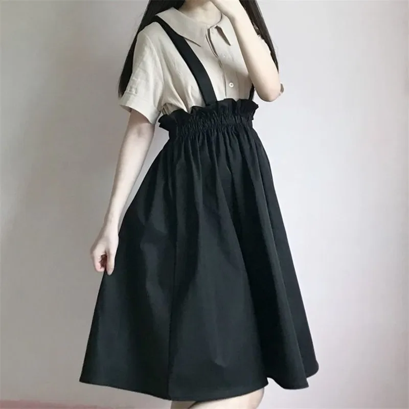 2026 New Spring Autumn Women Skirt Casual Sweet A-line Long Skirts Solid Simplicity Strap Skirt Female Japan Style