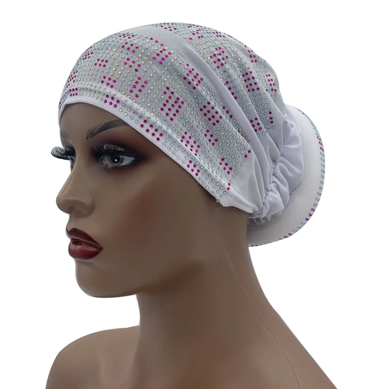 2024 Summer Women's Turban Cap with Padded Diamonds Elastic Muslim Headscarf Bonnet African Female Head Wraps Turbante Mujer