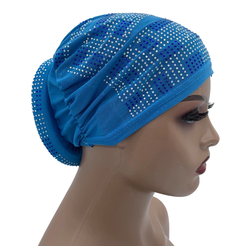 2024 Summer Women's Turban Cap with Padded Diamonds Elastic Muslim Headscarf Bonnet African Female Head Wraps Turbante Mujer