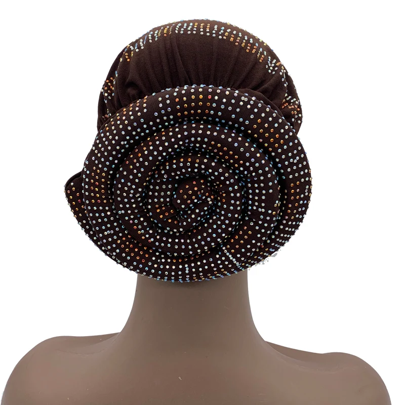 2024 Summer Women's Turban Cap with Padded Diamonds Elastic Muslim Headscarf Bonnet African Female Head Wraps Turbante Mujer