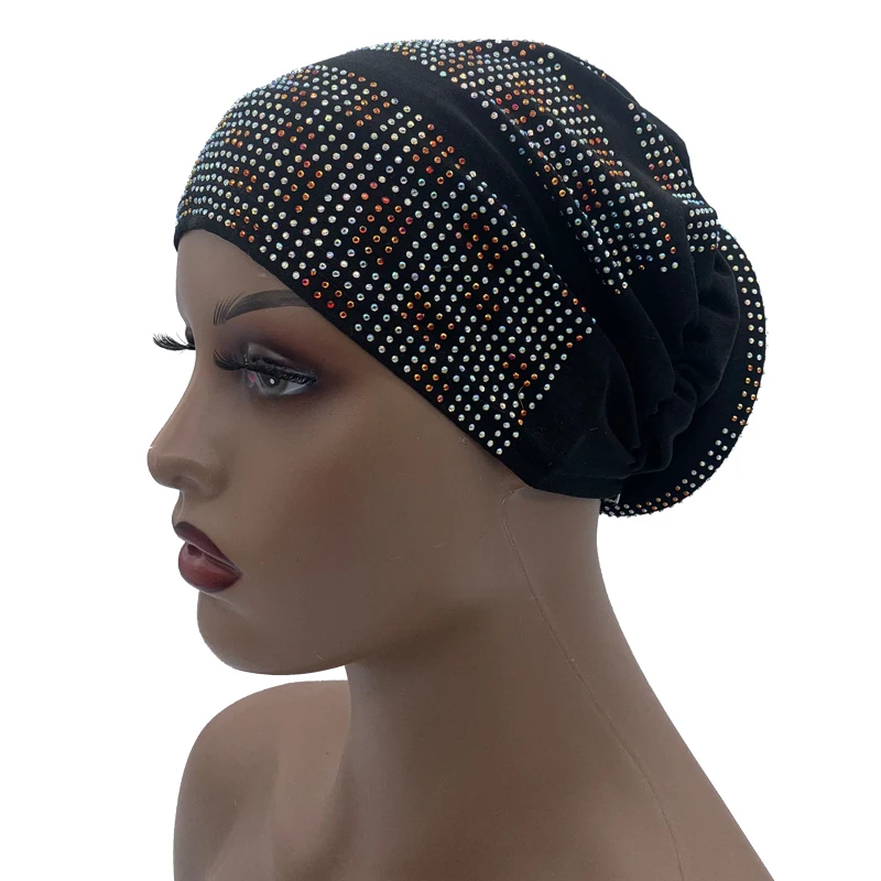 2024 Summer Women's Turban Cap with Padded Diamonds Elastic Muslim Headscarf Bonnet African Female Head Wraps Turbante Mujer