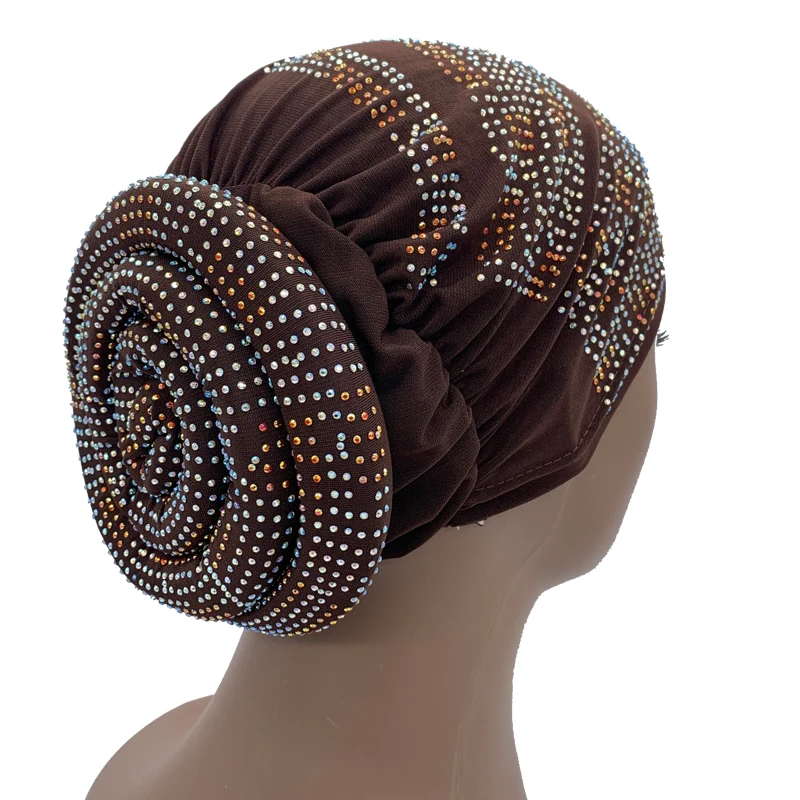 2024 Summer Women's Turban Cap with Padded Diamonds Elastic Muslim Headscarf Bonnet African Female Head Wraps Turbante Mujer