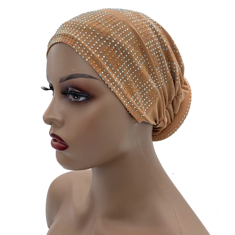 2024 Summer Women's Turban Cap with Padded Diamonds Elastic Muslim Headscarf Bonnet African Female Head Wraps Turbante Mujer