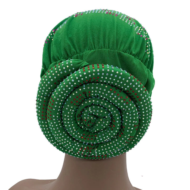 2024 Summer Women's Turban Cap with Padded Diamonds Elastic Muslim Headscarf Bonnet African Female Head Wraps Turbante Mujer