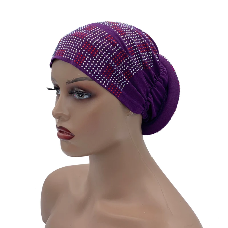 2024 Summer Women's Turban Cap with Padded Diamonds Elastic Muslim Headscarf Bonnet African Female Head Wraps Turbante Mujer
