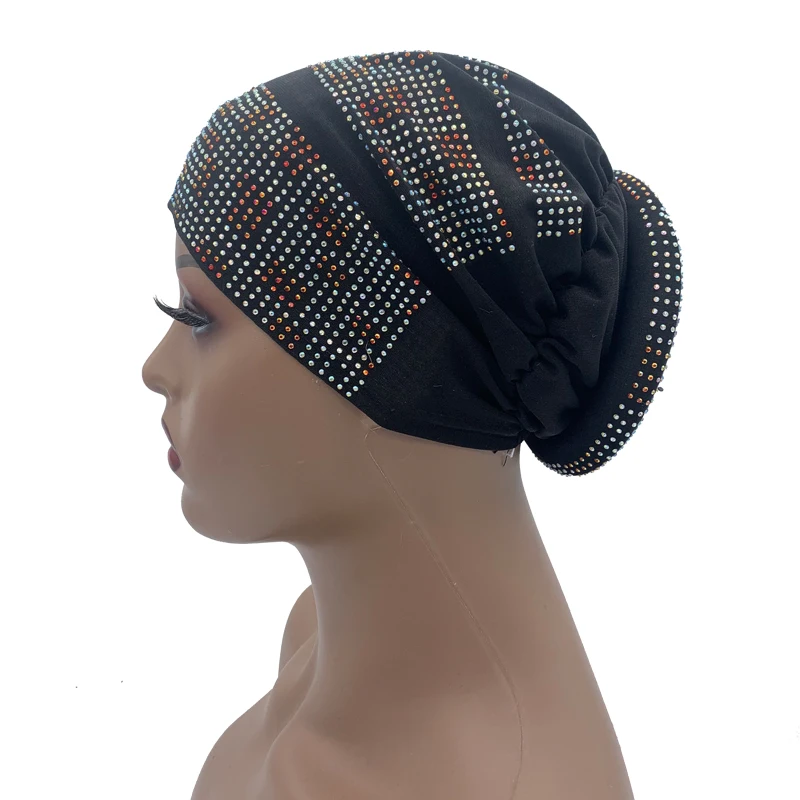 2024 Summer Women's Turban Cap with Padded Diamonds Elastic Muslim Headscarf Bonnet African Female Head Wraps Turbante Mujer