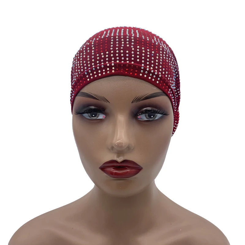 2024 Summer Women's Turban Cap with Padded Diamonds Elastic Muslim Headscarf Bonnet African Female Head Wraps Turbante Mujer