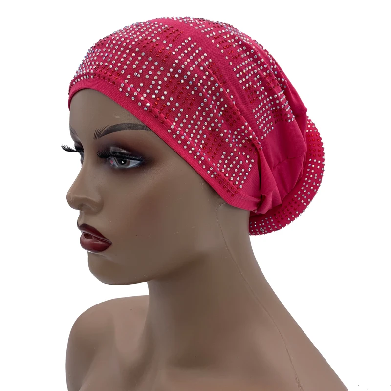 2024 Summer Women's Turban Cap with Padded Diamonds Elastic Muslim Headscarf Bonnet African Female Head Wraps Turbante Mujer