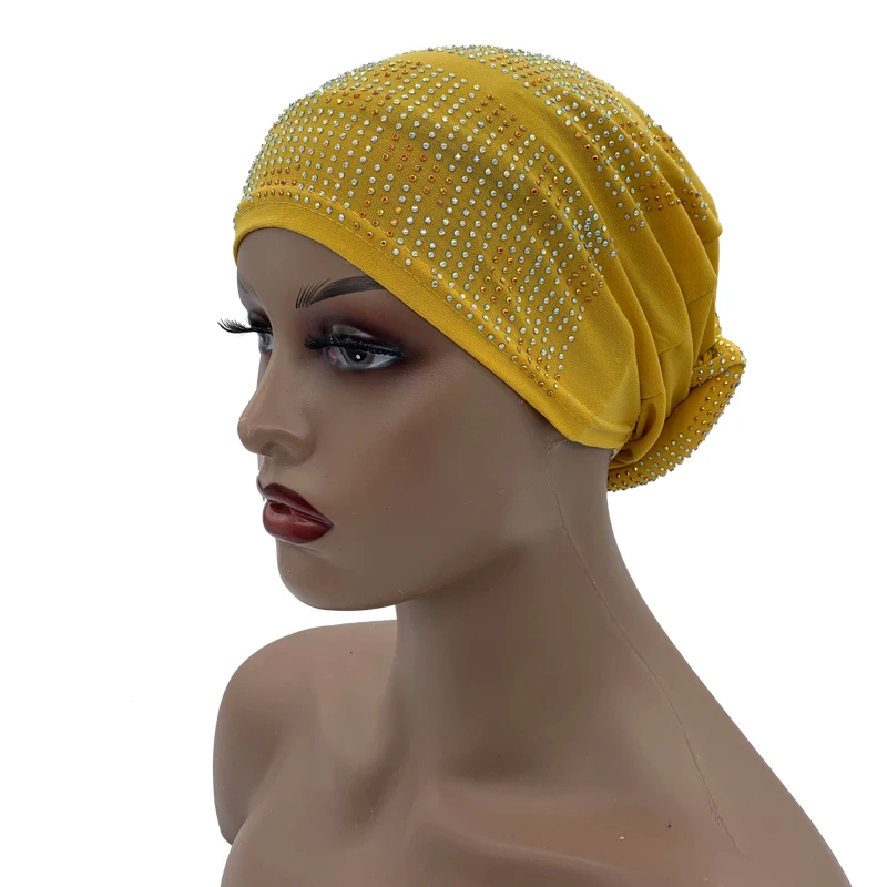 2024 Summer Women's Turban Cap with Padded Diamonds Elastic Muslim Headscarf Bonnet African Female Head Wraps Turbante Mujer