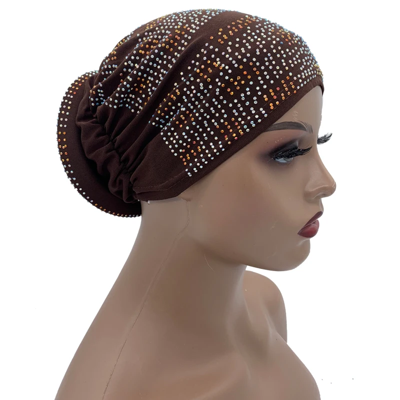 2024 Summer Women's Turban Cap with Padded Diamonds Elastic Muslim Headscarf Bonnet African Female Head Wraps Turbante Mujer