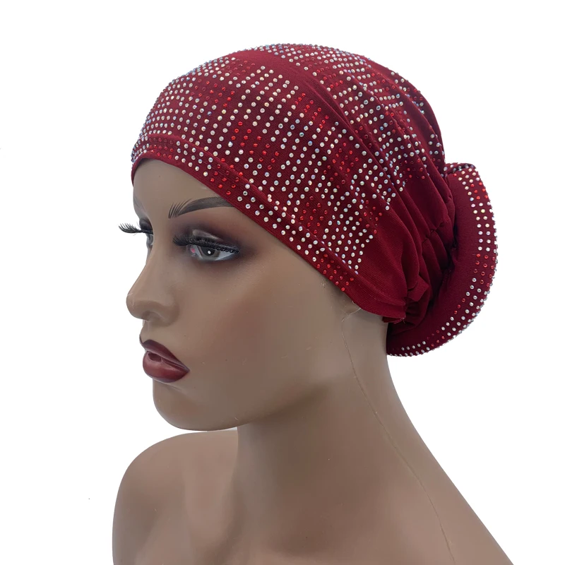 2024 Summer Women's Turban Cap with Padded Diamonds Elastic Muslim Headscarf Bonnet African Female Head Wraps Turbante Mujer