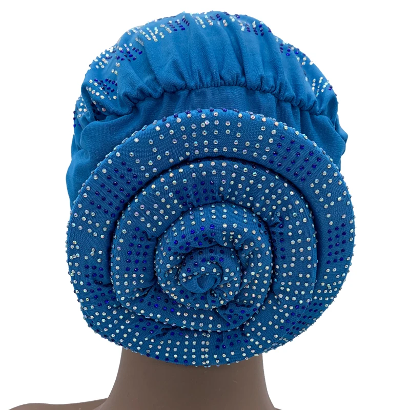 2024 Summer Women's Turban Cap with Padded Diamonds Elastic Muslim Headscarf Bonnet African Female Head Wraps Turbante Mujer