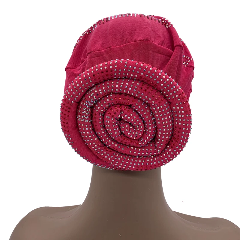 2024 Summer Women's Turban Cap with Padded Diamonds Elastic Muslim Headscarf Bonnet African Female Head Wraps Turbante Mujer