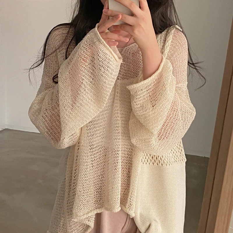 Karrram Lazy Style Full Sleeves Jumpers Tops Hollow Out Sexy Women Fashion Casual Streetwear Chic Femme Sweaters Pullovers