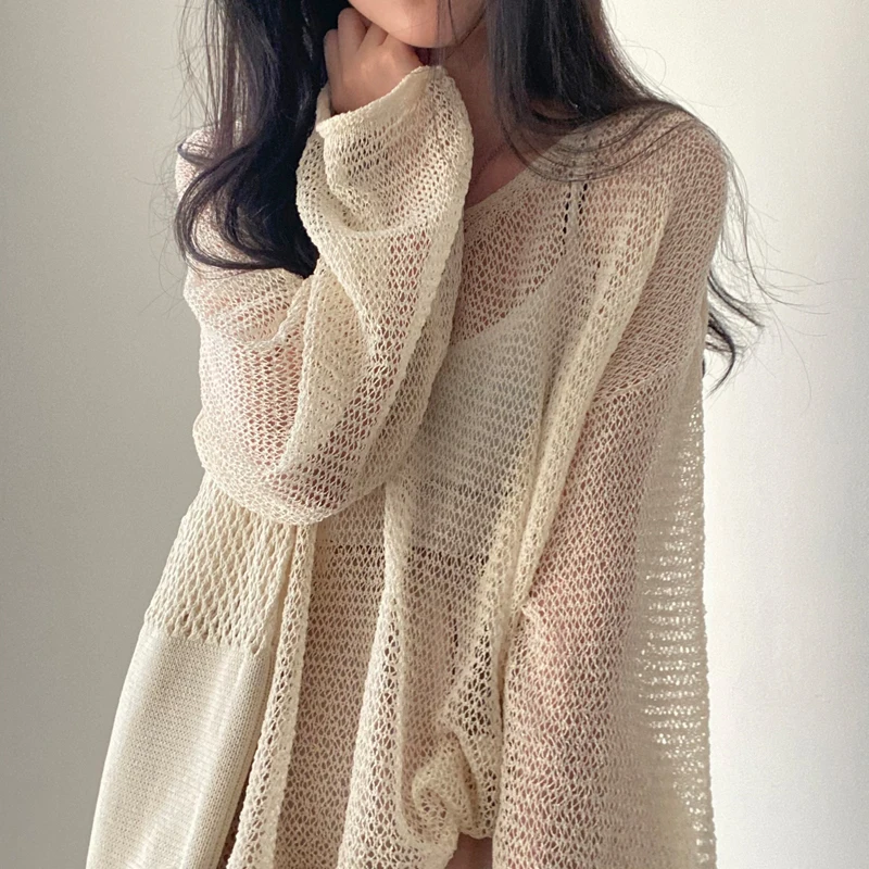 Karrram Lazy Style Full Sleeves Jumpers Tops Hollow Out Sexy Women Fashion Casual Streetwear Chic Femme Sweaters Pullovers