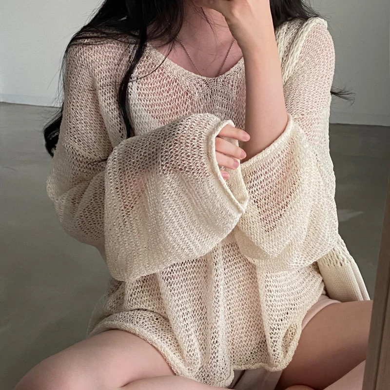 Karrram Lazy Style Full Sleeves Jumpers Tops Hollow Out Sexy Women Fashion Casual Streetwear Chic Femme Sweaters Pullovers