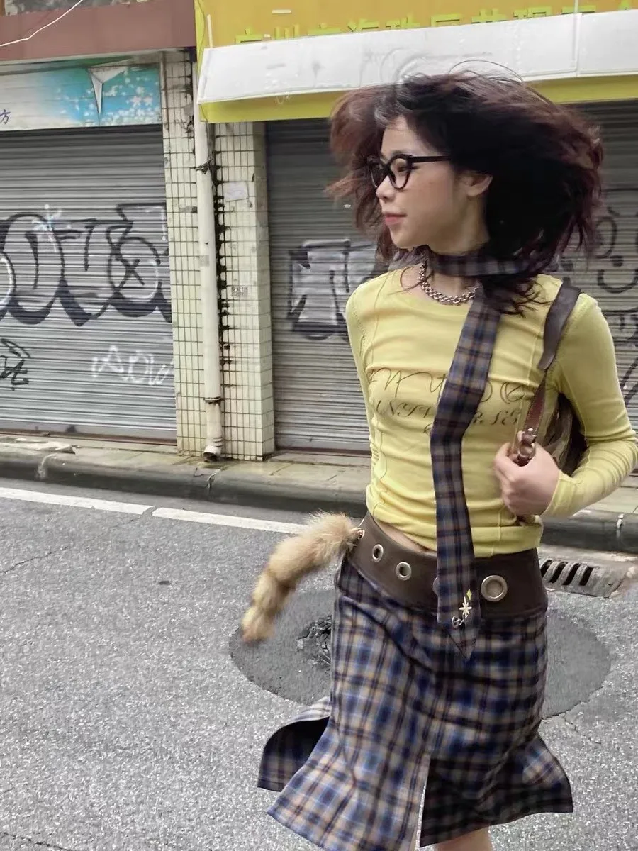 Karrram Y2k Aesthetics Yellow T-shirt 2000s Japanese Harajuku Tee Shirt Grunge Letter Print Long Sleeve Tshirt E-girl Streetwear
