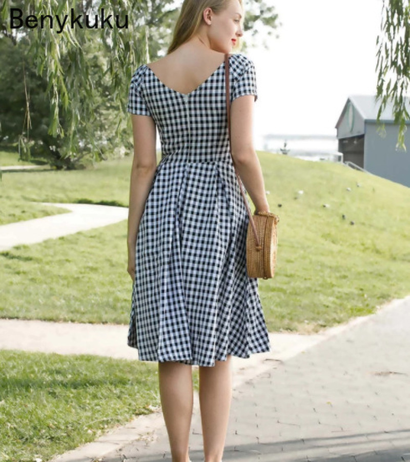 England Style Off  Shoulder Black Plaid Dress Retro Vintage 50s Rockabilly Pin Up Casual Party Dresses Plus Size Women Clothing