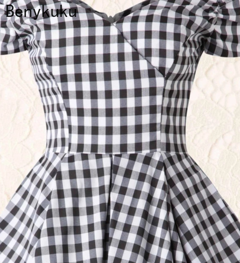 England Style Off  Shoulder Black Plaid Dress Retro Vintage 50s Rockabilly Pin Up Casual Party Dresses Plus Size Women Clothing