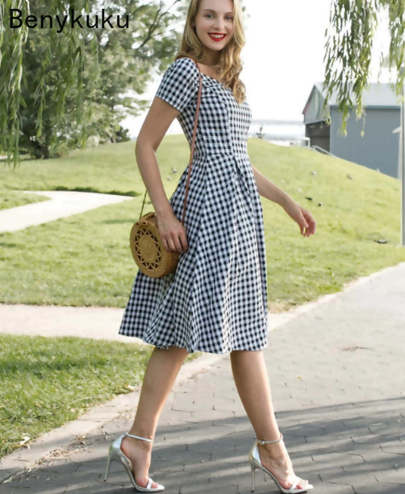 England Style Off  Shoulder Black Plaid Dress Retro Vintage 50s Rockabilly Pin Up Casual Party Dresses Plus Size Women Clothing