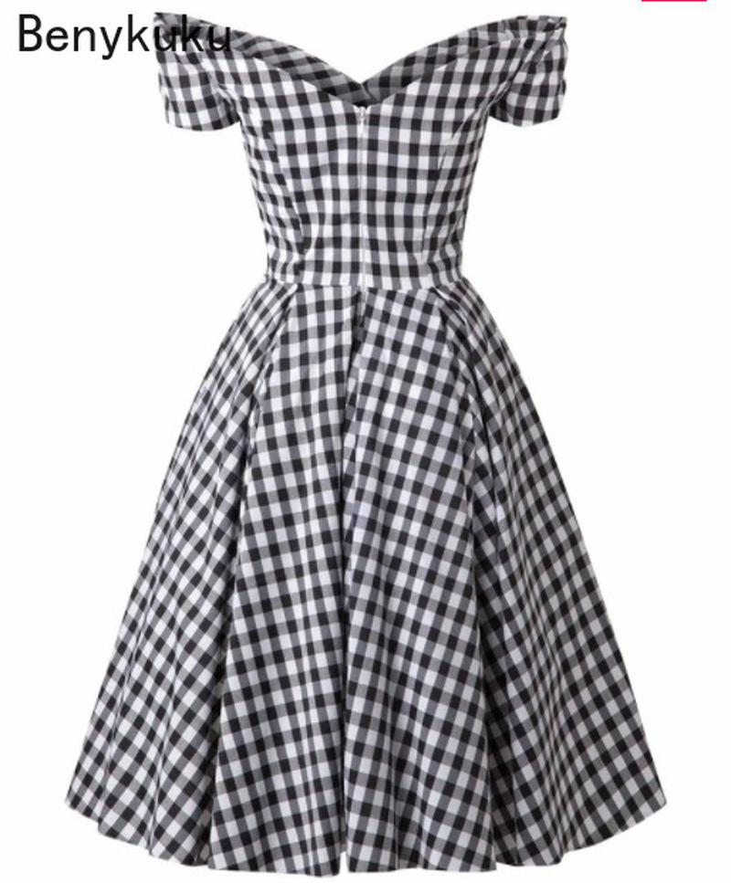 England Style Off  Shoulder Black Plaid Dress Retro Vintage 50s Rockabilly Pin Up Casual Party Dresses Plus Size Women Clothing